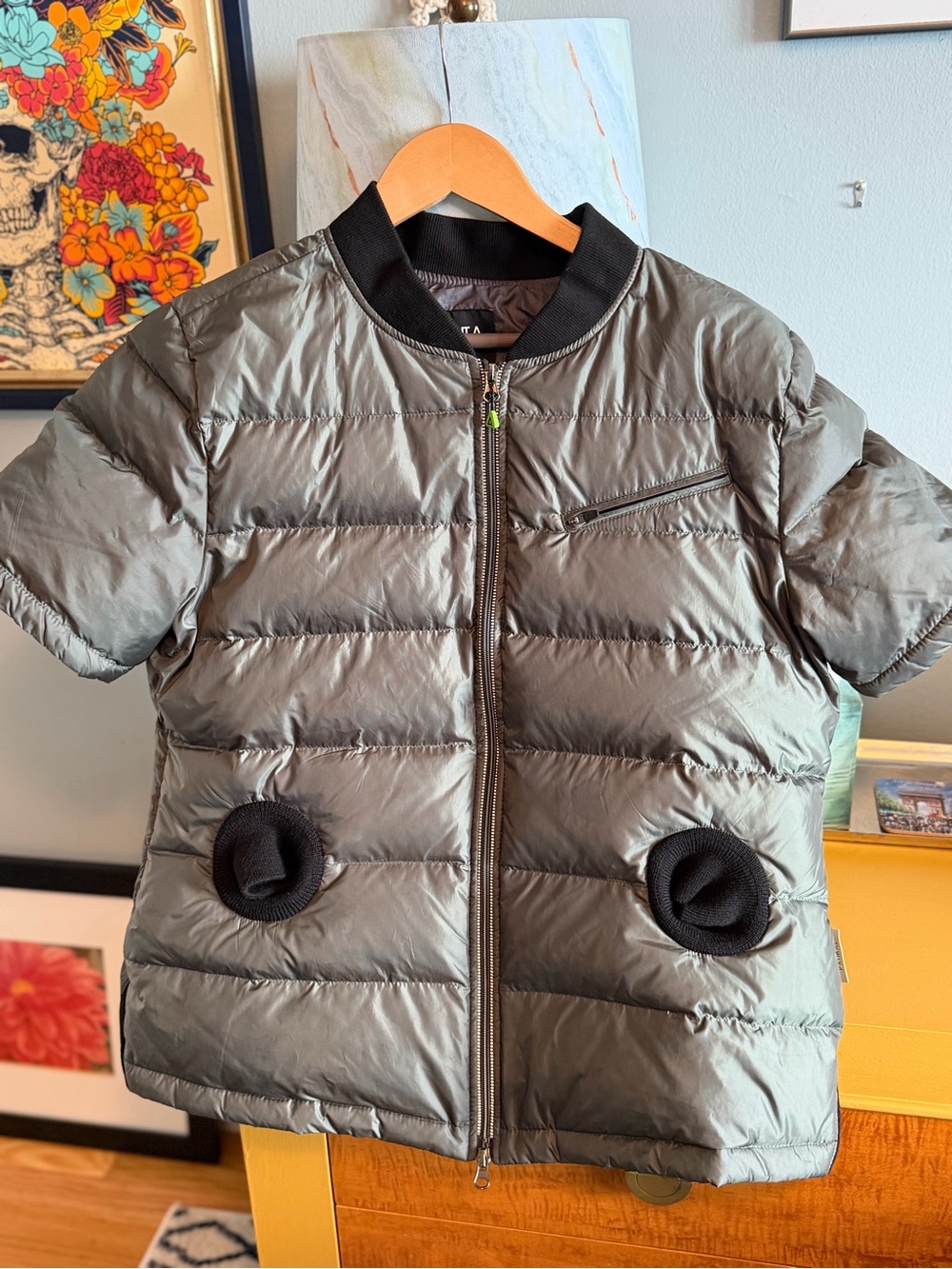 Happy Trails short sleeve down puffer vest in olive green. Very cozy